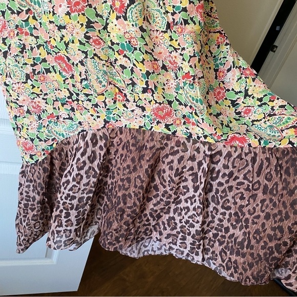 Rixo Dress Saffron Silk Crepe Keyhole Midi Black Green Meadow Leopard S GUC - Picture 5 of 10